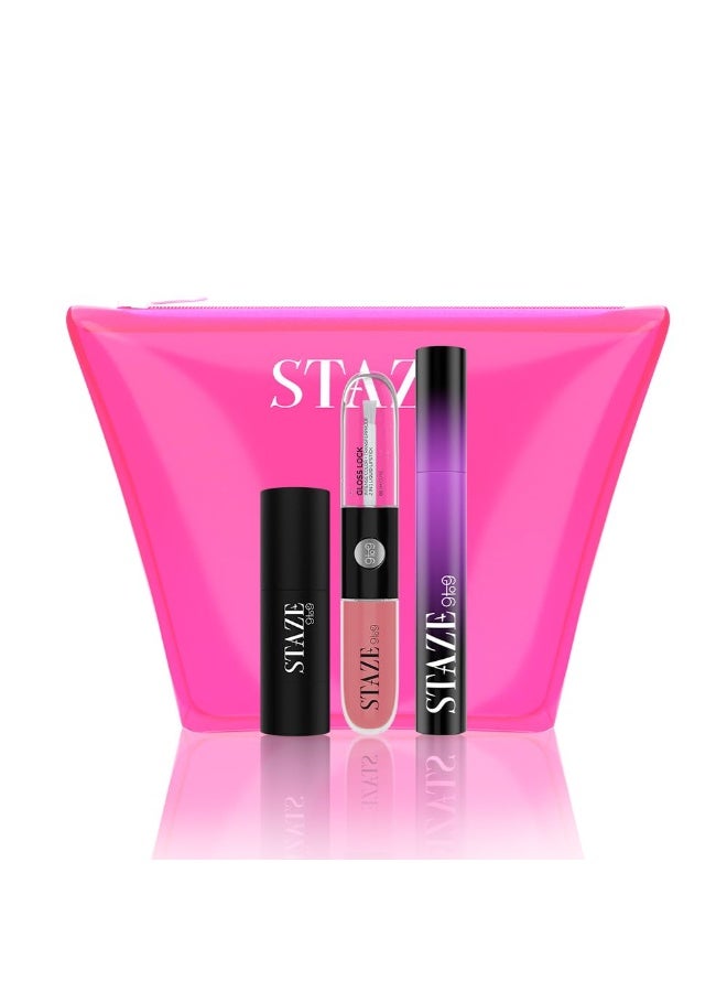 Staze 9to9 Glossy Glam Kit 3 in 1 Makeup Combo with FREE Neon Pouch | MakeUp Kit with 2 in 1 Liquid Lipstick Gloss, Tubing Mascara & Cheek Blush | 12 Hrs Long Lasting | Transfer-proof, Smudgeproof & Waterproof | Party Glossy Look | Bridal Makeup Gift Kit for Women & Girls | 6g - Image 1